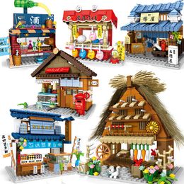 SEMBO City Japanese Mini Street Food Sushi Shop Tea House Store Village Moc Architecture Model Building Block Educational Toys Q0624