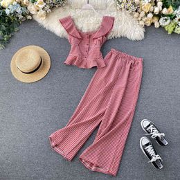 Fashion Plaid Two Piece Outfits For Women 2021 New Spring Summer Ladies Casual Vintage Suit Set Crop Top And Wide Leg Pants X0428