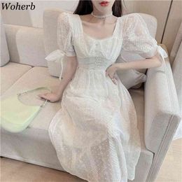 Embroidered Vestidos Mujer Elegant Square Collar Slim Vintage Maxi Dress Summer Fashion Pleated White Dresses Women 4i843 210519