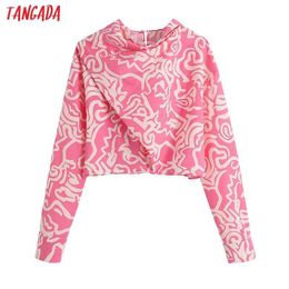 Tangada Women Retro Red Flowers Print Crop Shirt Back Bow Long Sleeve Chic Female Shirt Tops CE158 210609