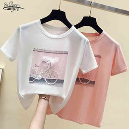 Cotton Women Tshirts Fashion Cool Print Female Summer T-shirt White Casual T Shirt Femme Pink Loose Top 4767 50 210508