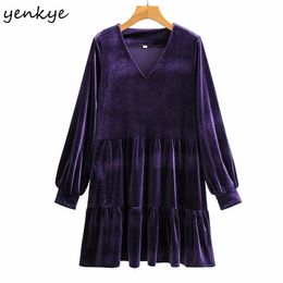 Fashion Women Solid Color Vintage Velvet Dress Female V Neck Lantern Sleeve Casual Loose Winter Plus Size Vestido 210514