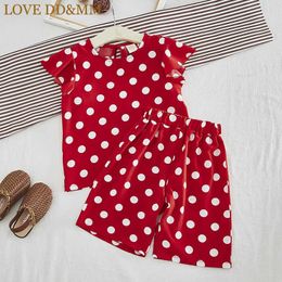 LOVE DD&MM Girls Sets Summer Children's Clothing Girls Fashion Wave Lotus Leaf Sleeve Shirt + Elastic Waist Pants Suit 210715