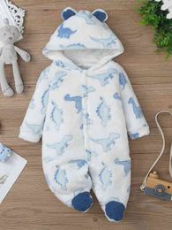 Baby Dinosaur Print Hooded Flannel Sleep Jumpsuit SHE