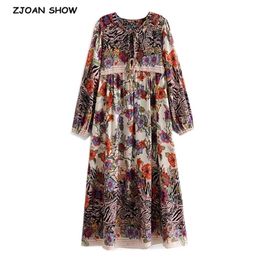 Bohemian Bandage Lacing up Collar Location Flower Print Women Dress Ethnic Long Sleeve Maxi Dresses Holiday Beach 210429