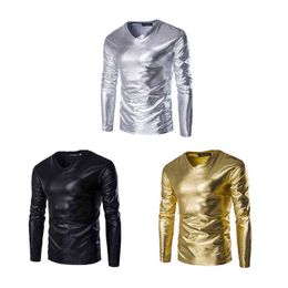 Men Faux Leather T-shirt Plus Size M-5XL Shiny Casual Style Slim Solid Colour Long Sleeve V-neck Undershirt Top Fall Spring 2020 Y220214