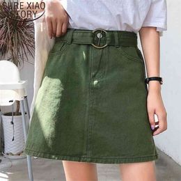 Summer Fashion Women Skirts Denim High Waist A-line Mini with Belt Solid Jean Harajuku 6066 50 210506