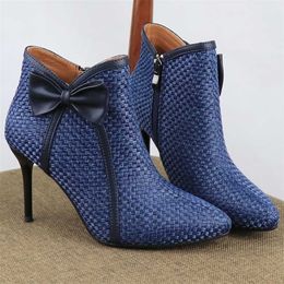 Women's High Heels Boots Butterfly-knot Weave Autumn Shoes Designer Bow Ankle Boots for Female Fashion Zipper Big size 41 211020