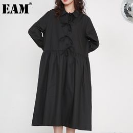 [EAM] Women Bandage Bow Split Joint Pleated Big Size Dress Lapel Long Sleeve Loose Fit Fashion Spring Autumn 1D75201 21512