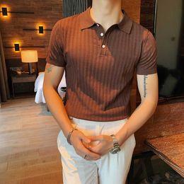 High Quality Summer Ice Silk Short Sleeve Knitted Polo Shirt Men Clothing Turn Down Collar Slim Fit Casual Tee Shirt Homme 210707