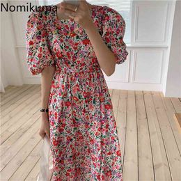 Nomikuma Slim Waist Floral Printed Dress Women Summer Robe O Neck Puff Sleeve A Line Dresses Korean Chic Vestidos Mujer 210514