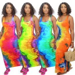 Neue Damen Langes Kleid Tie Dye Kurzarm Lässiger Langer Rock Sexy U-Ausschnitt Big Swing Mode Bedruckte ärmellose Maxikleider Neuer heißer Verkauf