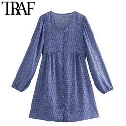 Women Chic Fashion With Button Floral Print Mini Dress Vintage V Neck Long Sleeve Female Dresses Vestidos Mujer 210507