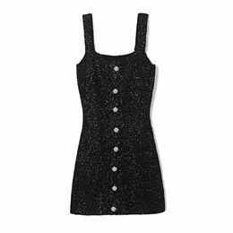 Women Retro Man-Made Gemstone Buttons Knit Dress Female Fashionable Two-Wear Suspender Skirt 210531