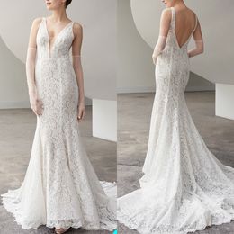 Elegant A Line Wedding Dresses V-neck full-Sleeve race Wedding Gown backless sweep train Vestidos De Novia