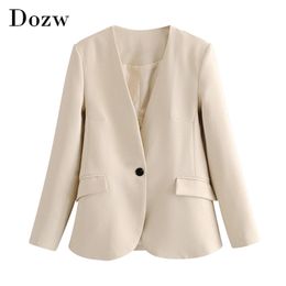 Women V Neck Office Blazers Casual Long Sleeve Solid Suit Jackets With Pockets Work Wear Single Breasted Khaki Coat 210515