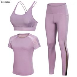 Yoga Outfit Mesh T Shirt+sexy Bra+high Waist Pants Women 3 Piece Set Fitness Gym Tights Suit Sets Outdoor Running Sportswear Clothing