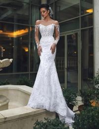 2022 Elegante Meerjungfrau-Hochzeitskleider mit voller Spitze und abnehmbarer Schleppe aus der Schulter, perlenbesetztes Brautkleid nach Maß Robe de Mari￩e