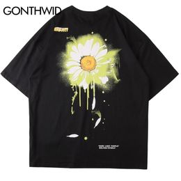 GONTHWID Graffiti Ink Daisy Print Short Sleeve Streetwear T-Shirts Harajuku Hip Hop Casual Short Sleeve Tshirts Men Summer Tops 210324