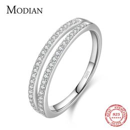 100% 925 Sterling Silver Double Circle Line Simple Clear CZ Finger Ring Shiny Fashion Rings For Women Wedding Jewellery 210707