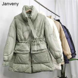 Janveny Winter Women Lightweight 90% White Duck Down Coat Thick Warm Long Sleeve Loose Puffer Jacket Pocket Snow Parkas 211008