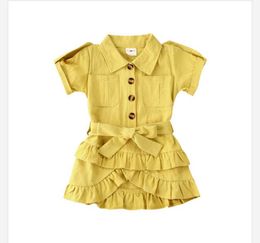 2-7Y Kid Baby Girls Summer Dress Solid Short Sleeve Ruffles A-Line Mini Dress+Belt Q0716