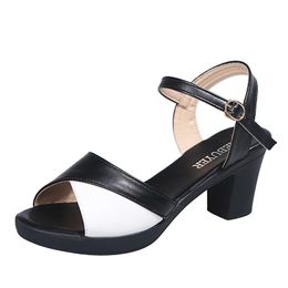 Dress Shoes Women Sandals Summer Models Ladies High Heel Female Ankle Buckle Fashion Open Toe Stitching Leather Square