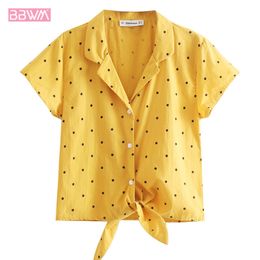 summer fashion women's suit collar knotted short-sleeved polka dot print short loose shirt Yellow single-breasted top 210507