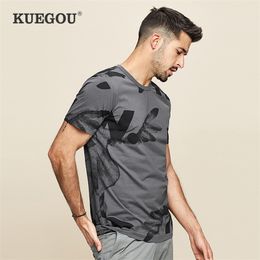 KUEGOU Cotton Man T-shirt Short Sleeve Print Fashion Tshirt For Men Slim Summer Tee Men Top Grey Plus Size ZT-390/ZT-380 210524