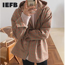 IEFB Spring Men's Korean Streewear Fashion Hooded Plaid Pattern Shirts Loose Casual Tops Single Breasted Clothes 9Y5489 210524