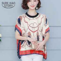 Plus Size Casual Print Batwing Sleeve Chiffon Women Shirt Summer Streetwear Short Sleeve Loose Female Blouse 4678 50 210527