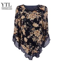 Yitonglian Women Vintage Floral Print Scarf V Neck Party Butterfly Top Mesh Blouse Plus Size Loose V-hemline Long Shirt H369 210323