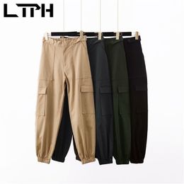 vintage Tooling Style Casual Cargo pants women elastic high waist Multi-pockets Female Pant loose trousers Spring 210427