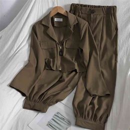 Spring Fashion Casual Two Piece Set Women Crop Top Single Breasted Suit Coat & Pants Sets Female Short Blazers Suits 210514