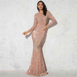 Elegant O Neck Long Sleeve Sequin Maxi Dress Floor Length Stretchy Bodycon Party Gold Green Bury Red 210915