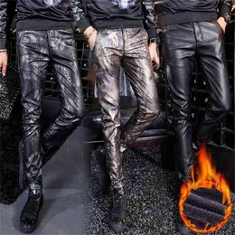 Men Printed Leather Pants Winter Fleece Warm PU Casual Trousers High Quality Long Thicken Elastic Skinny Pencil 210715