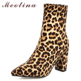 Autumn Ankle Boots Women Leopard Chunky Heel Short Glitter Super High Shoes Lady Winter Plus Size 34-46 210517