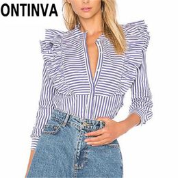 Clearance Women Blue Striped Blouse Ruffled Shirt Classy Officewear Long Sleeve Female Chic Blouses Tops Blusas Elegant 210527