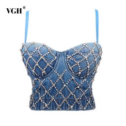 Sexy Patchwork Diamond Vest For Women Square Collar Sleeveless Slim Denim Tank Tops Female Fashion Clothing 210531
