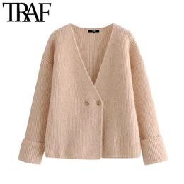 Women Fashion Crossover Button Wool Knitted Cardigan Sweater Vintage V Neck Long Sleeve Female Outerwear Chic Tops 210507