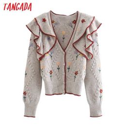 Tangada Women Flowers Ruffles Knitted Cardigan Sweater Jumper Vintage Long Sleeve Button-up Female Outerwear 3L04 210609