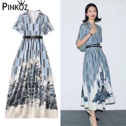 Summer Runway Sexy V-Neck Print Stripes Flowers Slim Temperament Mid-Length Dress High-Quality Women'S Clothing 210421