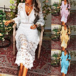 Women's Sexy Skirt See-Through Lace Long Sleeve V-Neck Dress Maxi Dress Plus size dress