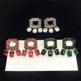 Full Diamond Pendant Earrings Charm Crystal Double Letter Studs Women Steel Seal Eardrops With Gift Box