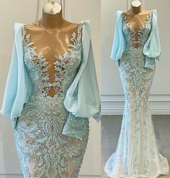 Plus Size Arabic Aso Ebi Mermaid Lace Beaded Prom Dresses Sheer Neck Long Sleeves Evening Formal Party Second Reception Gowns ZJ394