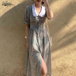 Summer Fashion Female Puff Sleeve Vintage Floral Print Peter Pan Collar Boho Robe Women Chiffon Dress Casual Vestidos 14036 210521