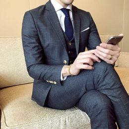 ( Jackets + Vests + Pants ) High-end Brand Grey Blue Mens Business Casual Plaid Suit Groom Wedding Dress Tuxedo Three-piece Suit X0909