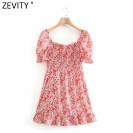 Zevity Women Sweet Red Floral Print Elastic Pleats Mini Dress Female Chic Summer Ruffles Casual Slim Party Vestido DS8235 210603
