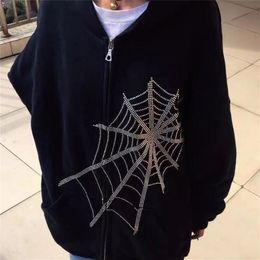 QWEEK Black Gothic Zip Up Hoodie Autumn Emo Grunge Tracksuit Dark Academia Spider Web Coat Punk Sweatshirts Alt Clothes 210809