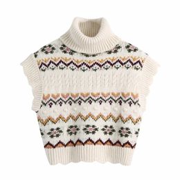 Fashion Women Turtleneck Jacquard Knitting Short Sweater Female Sleeveless Pullover Casual Lady Loose Tops SW1151 210430
